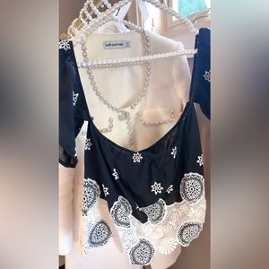 Urban Outfitters 4SI3NNA Black White Embroidered Off Shoulder Crop Top